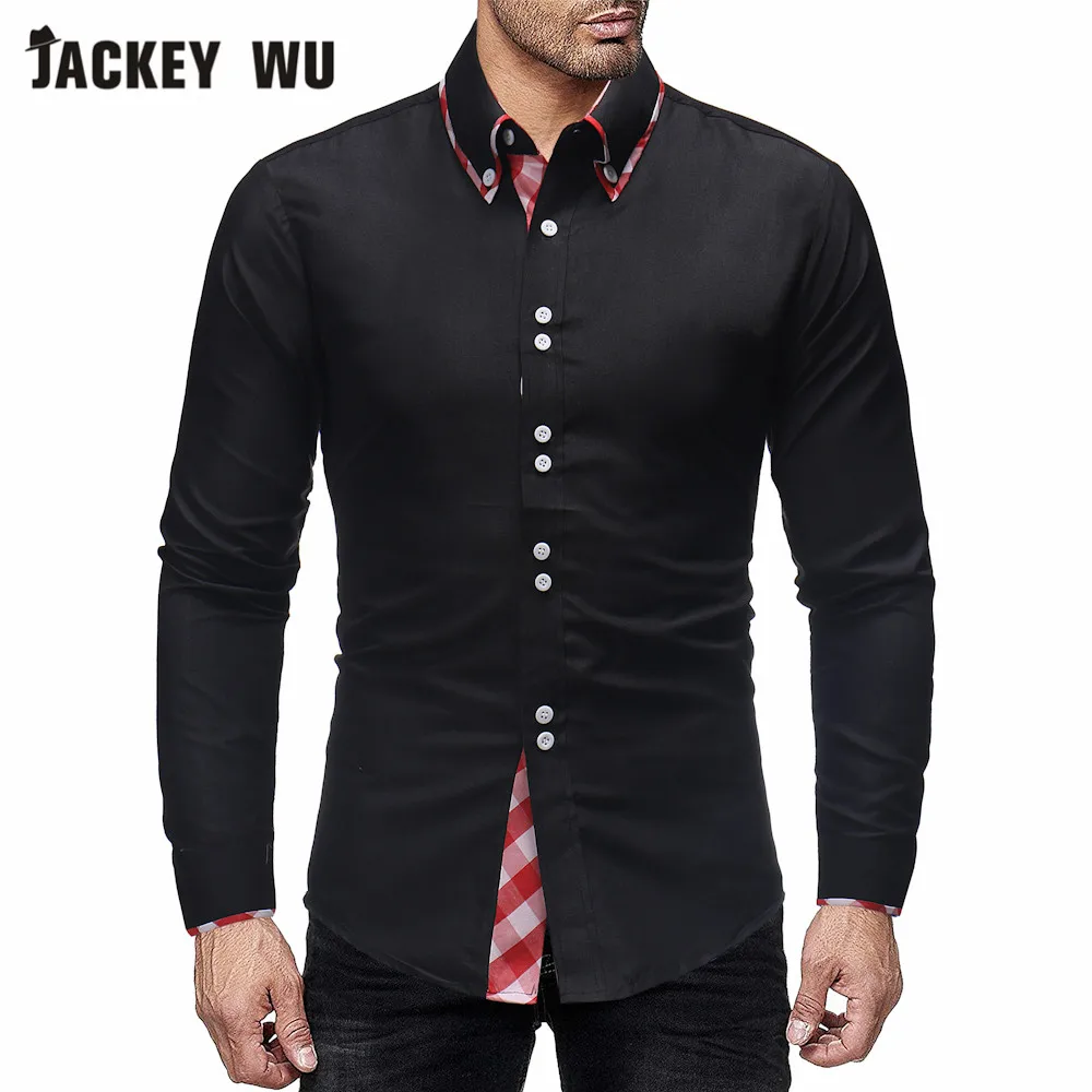 

JACKEYWU Casual Shirts 2019 Fashion Double Collar Long Sleeve Dress Shirt Men Cotton Breathable Camisas Black Men's Clothing