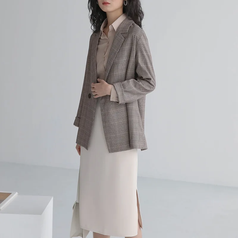 

Women Brief Check Blazer Vintage One Button Blazers