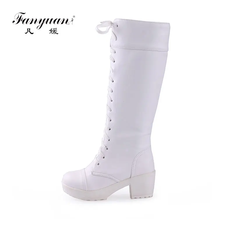 

Fanyuan Large Size 43 Lace Up Knee High Boots Women Autumn Soft Leather Fashion White Square Heel Woman Shoes Winter Hot Sale