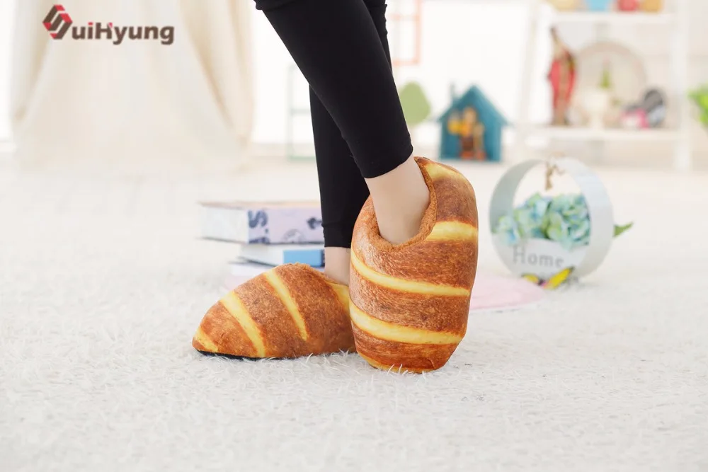 Suihyung/забавные женские и мужские тапочки в форме хлеба; зимняя теплая домашняя обувь; плюшевые домашние тапочки; домашние тапочки с мягкой подошвой