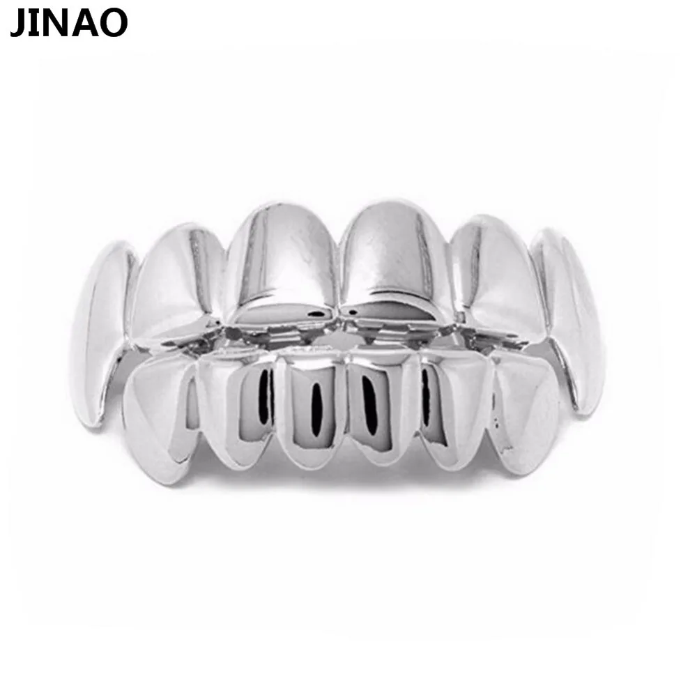 JINAO Настоящее блестящее чистое золото посеребренные хип-хоп ЗУБЫ Grillz Top& Bottom Groll набор с силиконовыми вампирскими зубами грили