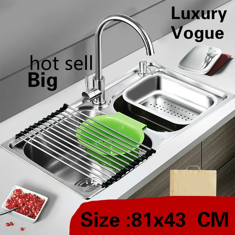 

Free shipping High capacity wash vegetables big common kitchen double groove sink 304 stainless steel luxury 81x43 CM