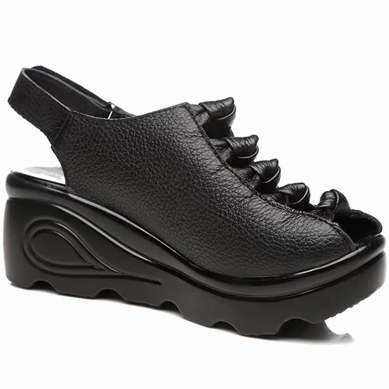 GKTINOO Genuine Leather Shoes Summer Women Sandals 2019 Elegant Comfortable Women Shoes Fashion Sandals Platform Wedges Sandals