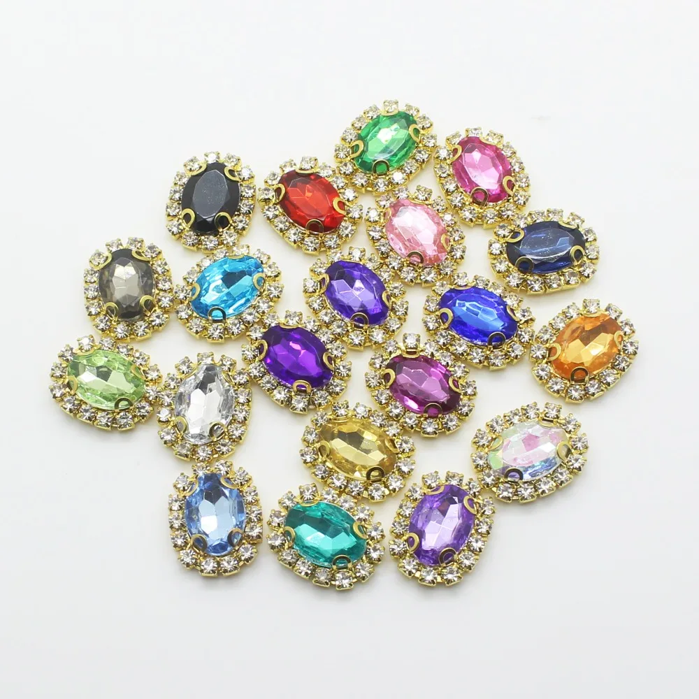 LKERAN 10pcs/lot 16*20mm oval Metal Buttons Rhinestone acrylic button Golden 4-hole sewing DIY Handwork clothing decoration 4