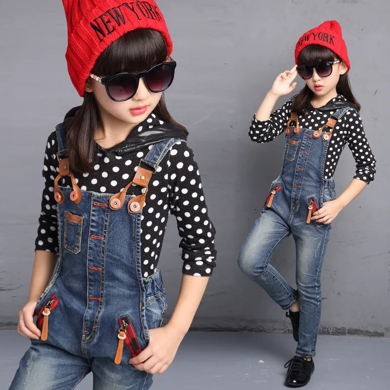 

Children winter jean jumpsuit + black shirts for girls set Spring Autumn fall fille high grade school teenage girls clothing set