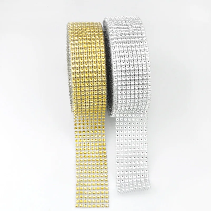 

2Meter Gold Sliver Diamond Mesh Wrap Roll Sparkle Rhinestone Trim Applique Clear Strass Crystals Mesh Banding For Clothes