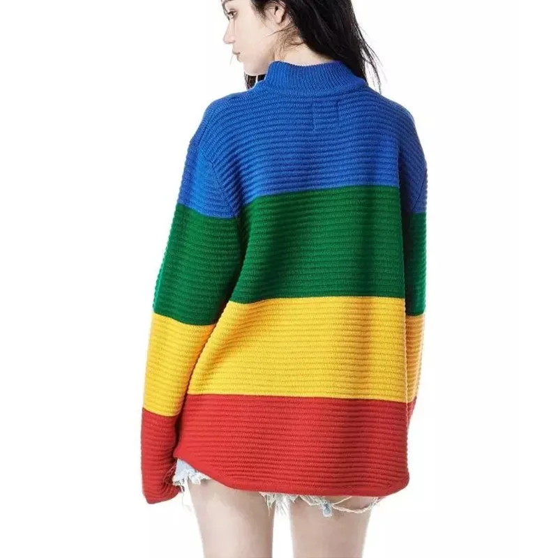 MuMuJia Oversize Casual Rainbow Sweater Women Knitted Pullovers 2018 Autumn Winter Harajuku Sweaters Mujer Jumpers Knitwear Tops