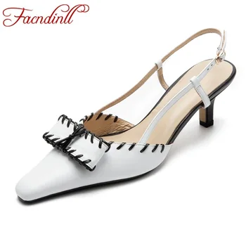 

FACNDINLL women genuine leather shoes new fashion thin high heels square toe black white women summer dress office shoes sandals