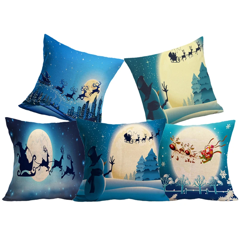 Comwarm 43*43cm Christmas Brightly Moonlight Snowman Pillow Cases Elk Sledge Tree Building Travel Square Cover | Дом и сад