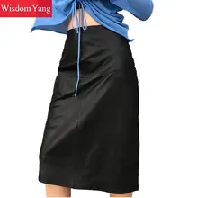 Осенняя черная юбка из натуральной овечьей кожи, юбка-карандаш средней длины с высокой талией, женские вечерние сексуальные длинные юбки