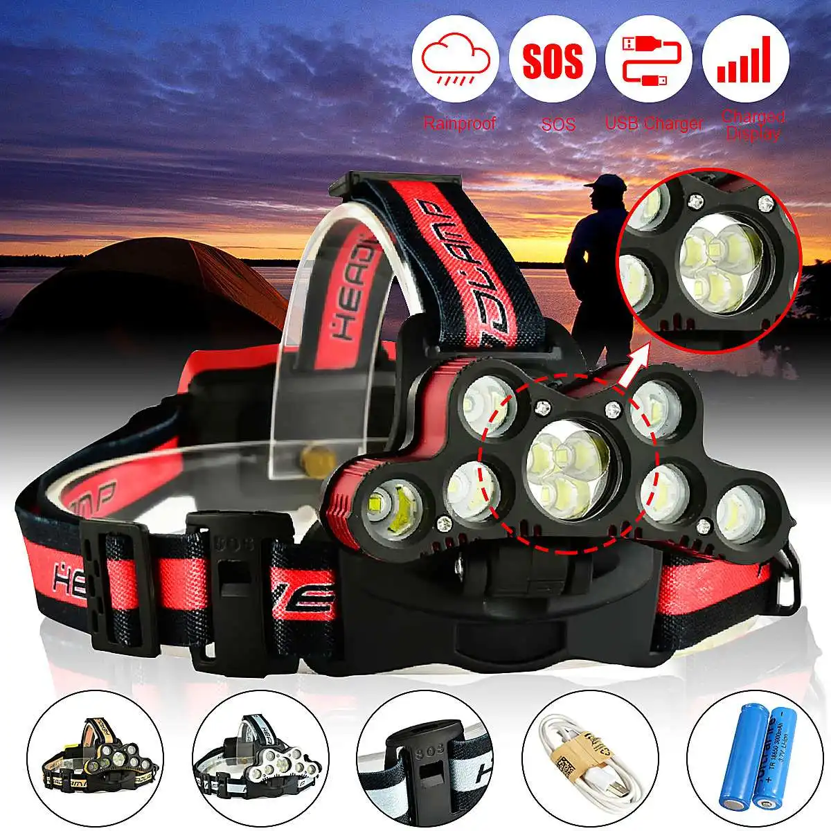 

7*t6 headlight 6 modes 120000lm Augienb 2501-B headlamp head light waterproof falshlight use 18650 for hunting cycling camping