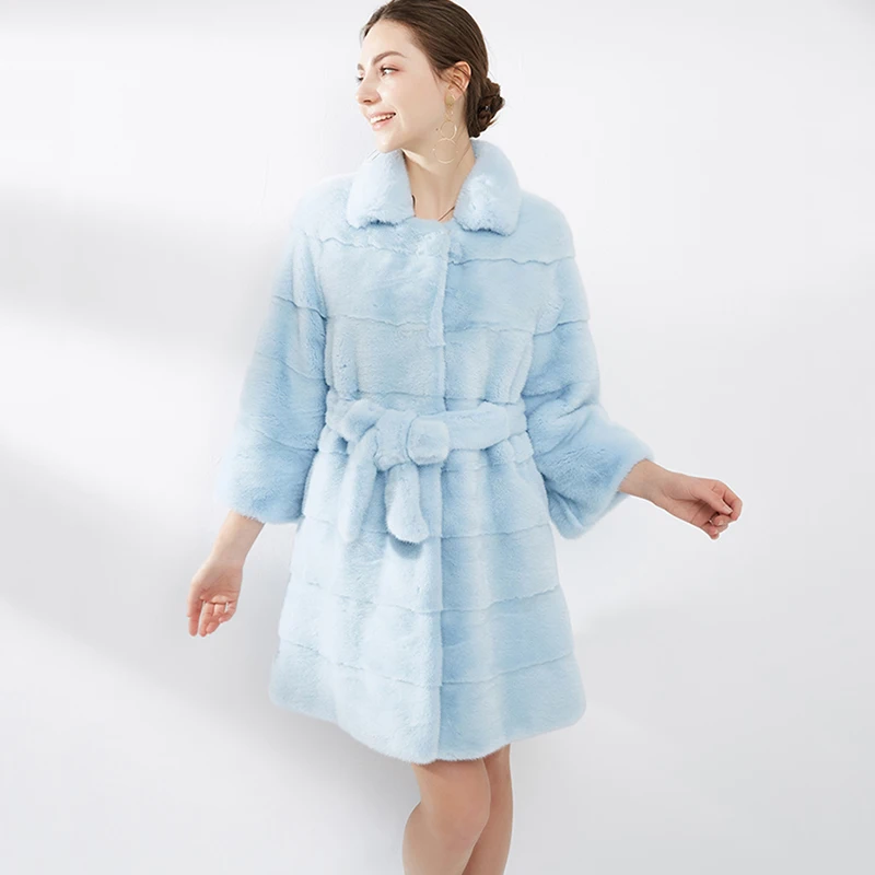 Des Collar D'hiver Slim Avec Manteau Femmes De Importations Naturel 2019 MYFansty Manteaux Menthe Turn Ceintures Fourrure Réel down Pur Vison IY2WDHE9