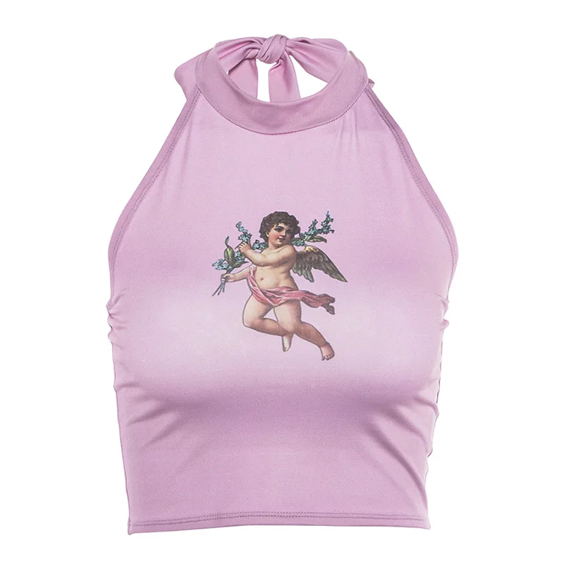 Women's Clothing Lace up Halter tank top hipstar Print Sleeveless Vest crop top women Tees Backless Tanks Streetwear BF Camis