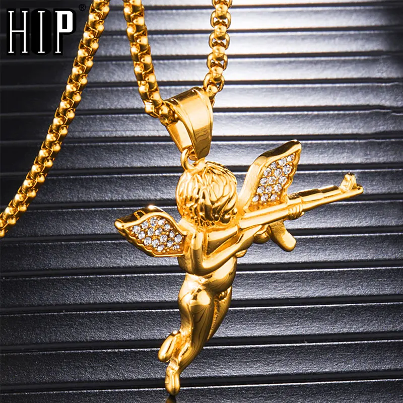 

HIP Hop Bling Iced Out Crystal Angel Pendants & Necklaces for Men Jewelry Gold Color Titanium Stainless Steel Dropshipping