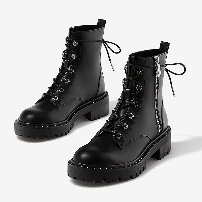 MORAZORA/ г., Новое поступление, модные женские брендовые ботинки удобные черные ботильоны на среднем каблуке, с круглым носком, на шнуровке, с пряжкой