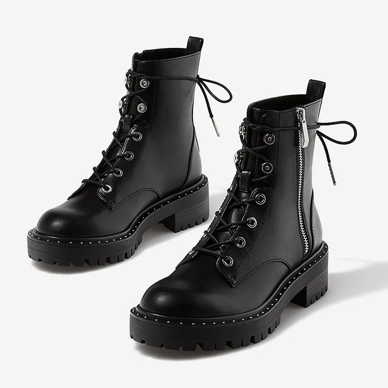 

Boussac Lace up Rivets Martin Boots Women Round Toe Ankle Boots for Women Short Plush Winter Shoes Women Botas Mujer SWE0212