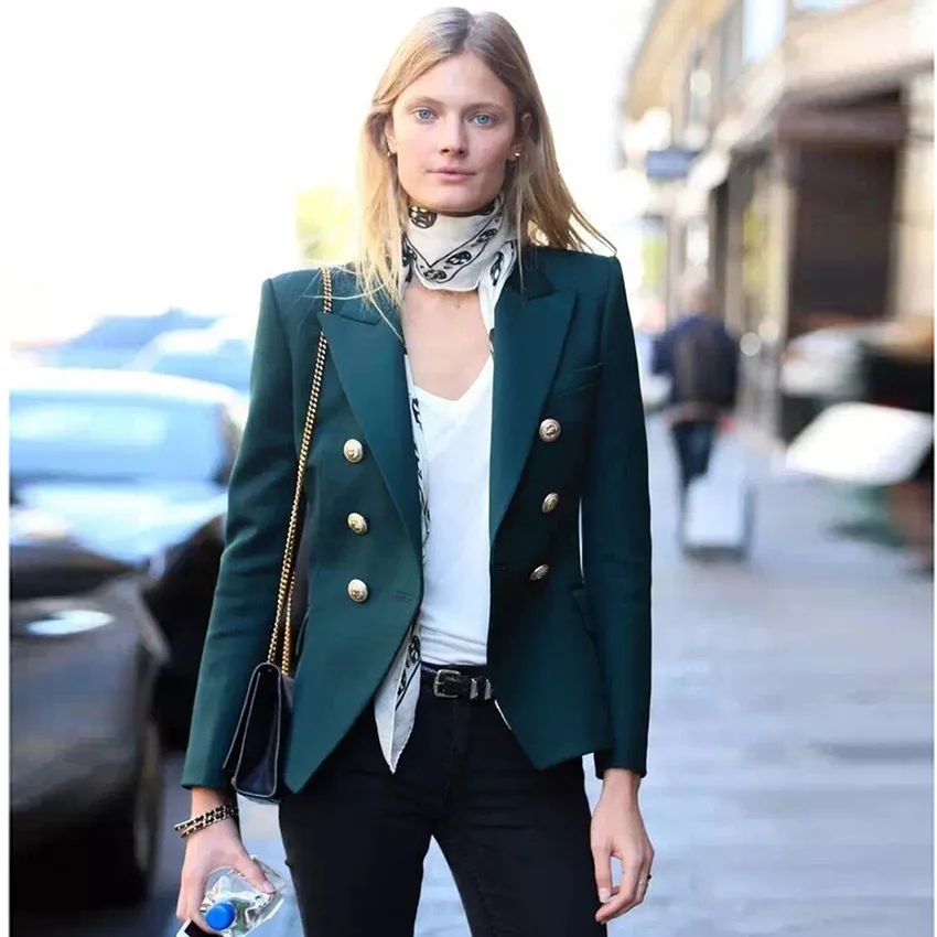 

2018 Euramerican Spring Summer New Fashion Polyester Full Sleeve Atrovirens Double Breasted Notched High Street Elegant Blazer