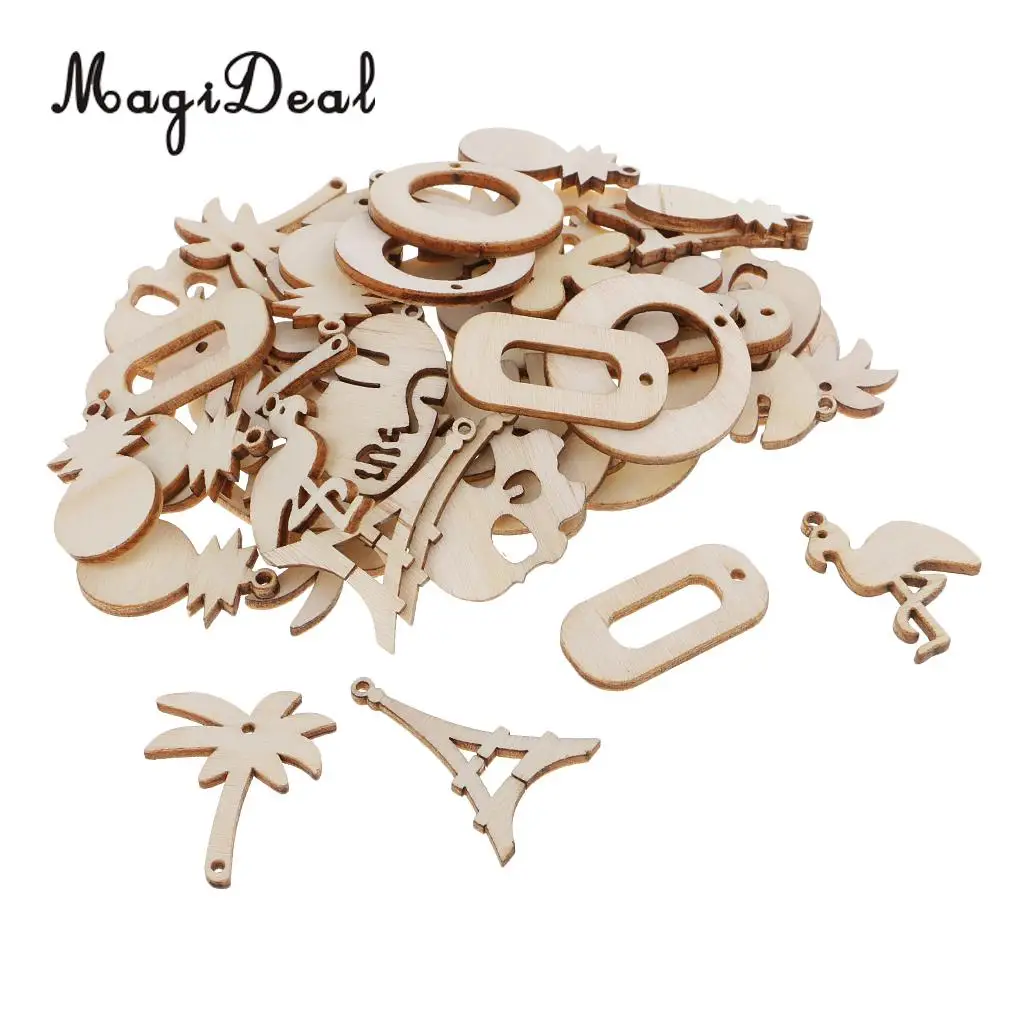 50pcs Assorted Natural Wood cutouts Shapes Chic Wooden Embellishment Scrapbooking Craft DIY Wind Chimes Xmas Hanging Decorations