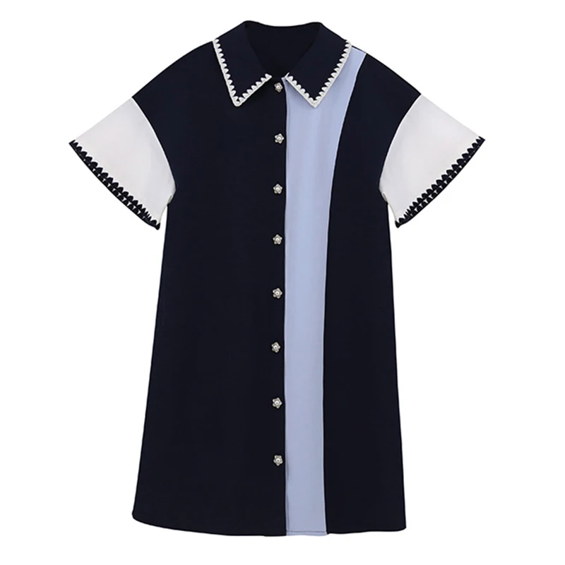 

PERHAPS U navy blue patchwork turn down collar button flare short sleeve mini dress casual loose summer women female D1655