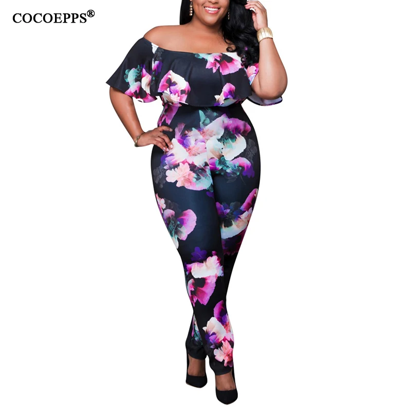 

2019 Summer Women Floral Printed Bodycon Jumpsuit S-4XL Plus Size Off Shoulder Jumpsuits Beach Rompers Bodysuit Women Clothing