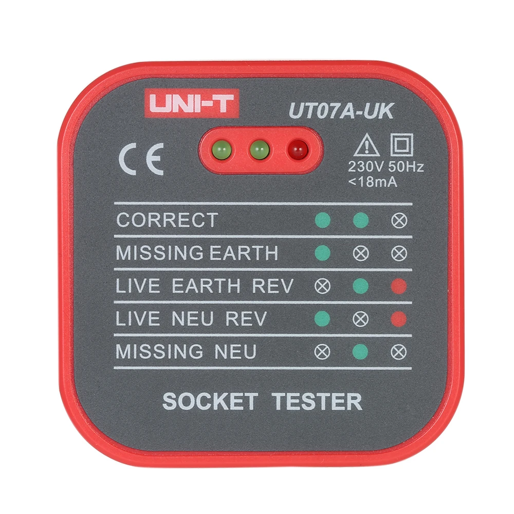 

UNI-T UT07A-UK Professional Socket Tester Electrical Live/Null/Earth Line Polarity Detector Circuit Construction Line UK Plug