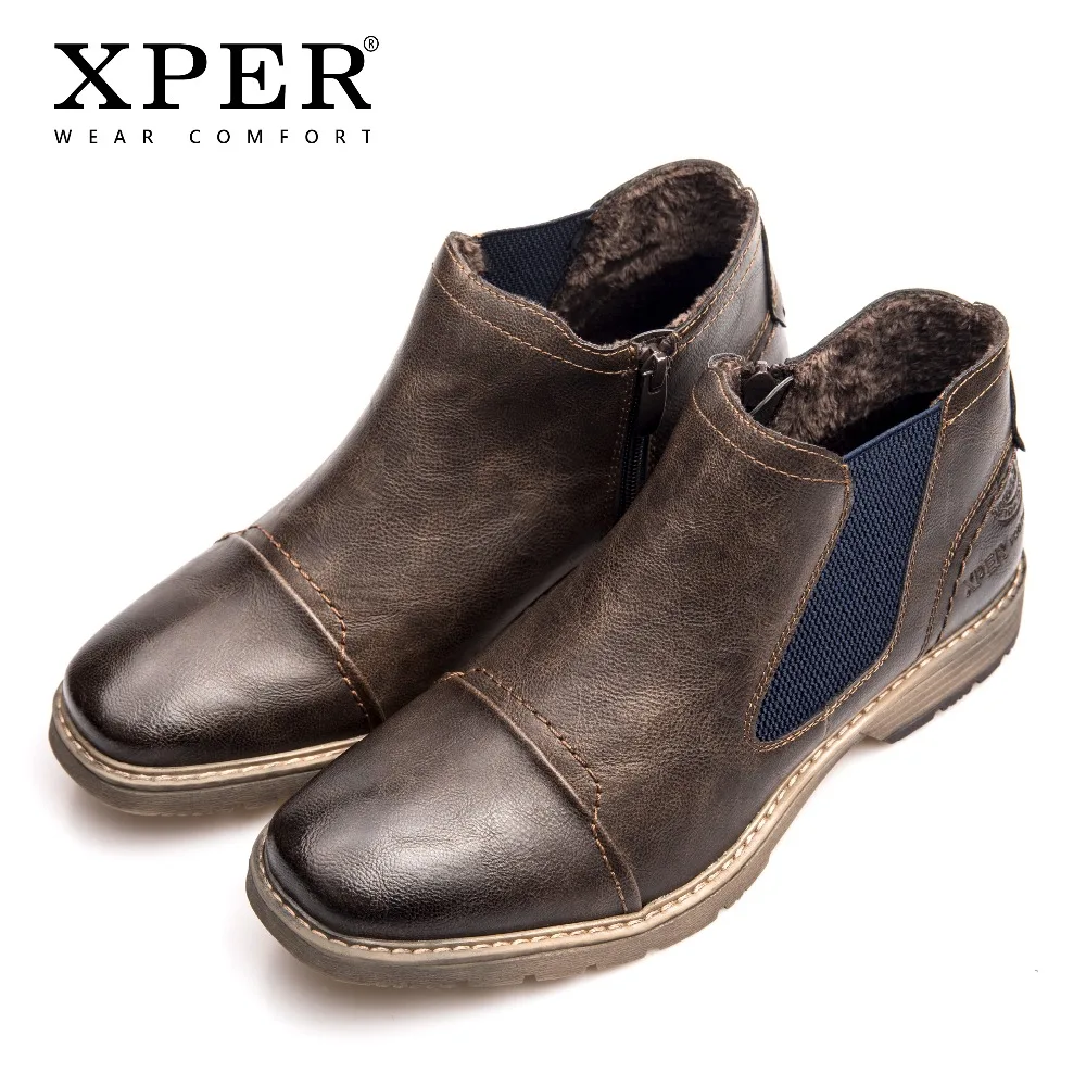 

XPER Brand Shoes Men Chelsea Boots Fashion Slip-On Zip Autumn Winter Ankle Boots Men Fur Leather Causal Footwear Brown #XHY14004