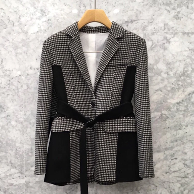 

Women Blazer Tweed Single Breasted Regular Length Plaid Full Sleeve Notched Pockets Patchwork Sashes Office Lady Feshion 2019