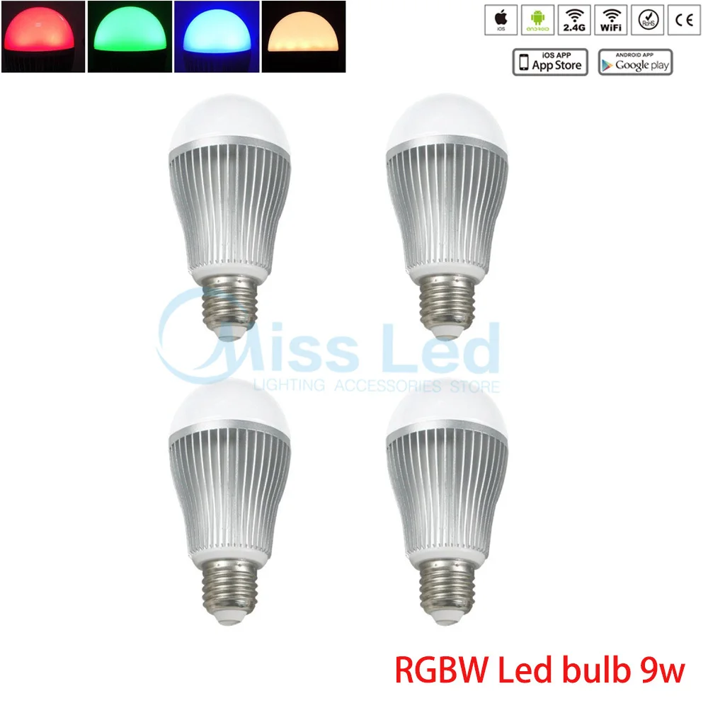 

4 pcs 9W E27 RGB Warm/Cold White 2.4G wifi LED Bulb groups control Wifi control via RF Remote or Phone app Adjustable Dimmable