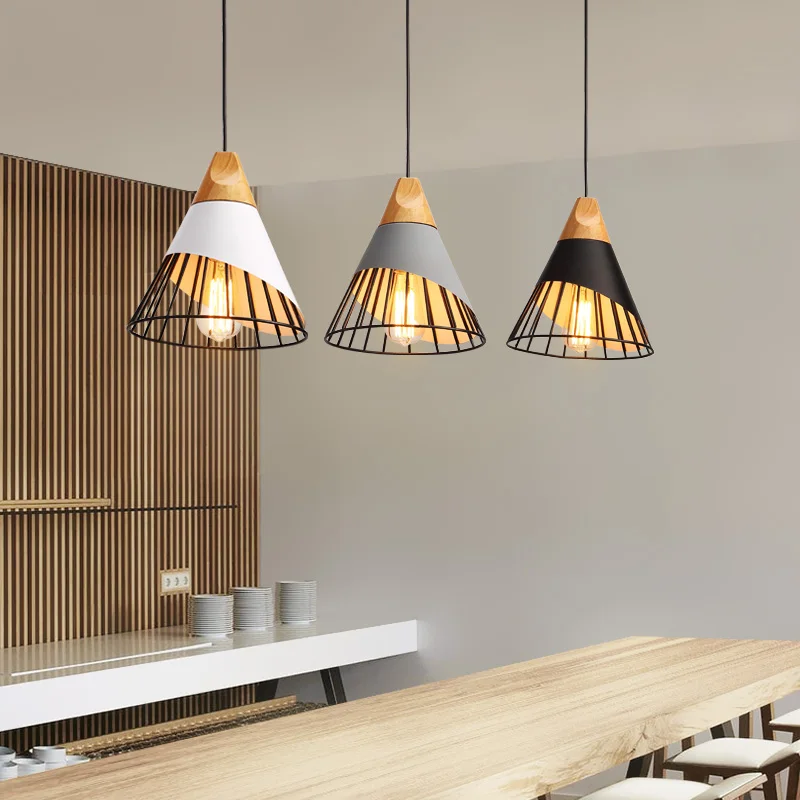 Nordic modern minimalist wood and cage Pendant light ...