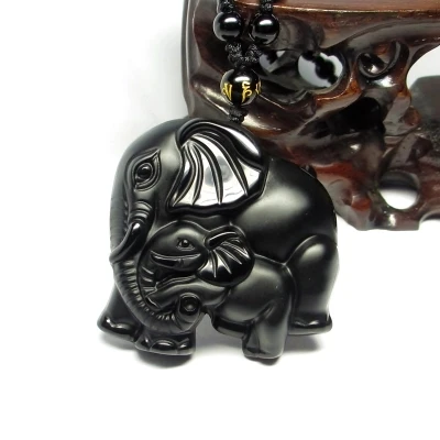 

Chinese Handwork Natural Black Obsidian Carved Mother Baby Cute Elephant Amulet Lucky Pendant Necklace Fashion Jewelry