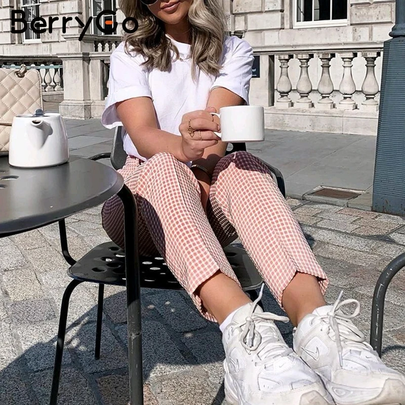 

BerryGo Pink plaid casual pants women 2019 Summer vintage work pants capris female Straight office ladies British style trousers