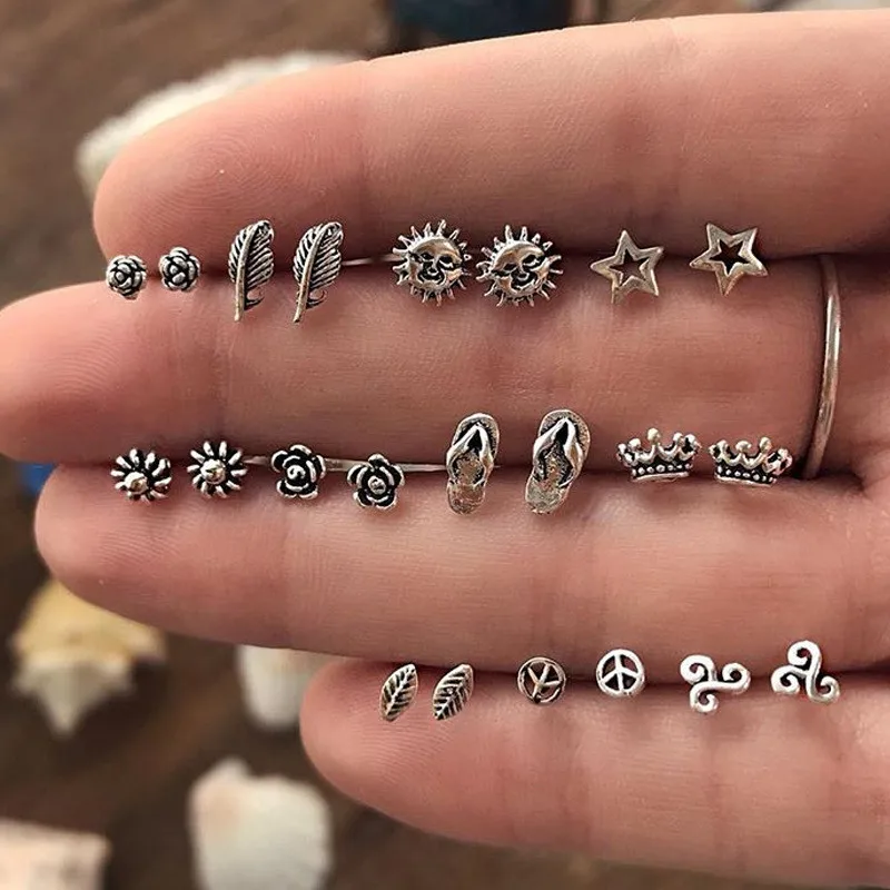 

Modyle Unique Design Vintage Small Stud Earrings Set For Women Punk Rose Crown Sun Stars Feather Geometric Animal Earrings Sale
