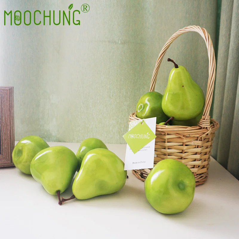 MOOCHUNG 10pcs Green Artificial Pears Lifelike Simulation Foam Pear Fake Fruit Home Decoration Photo Props House Kitchen Decor