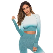 Омбре кроп топ Йога рубашки для женщин Бесшовные топы с длинными рукавами Топы спортивные топы тренажерный зал Спортивная одежда для бега фитнес сексуальные топы