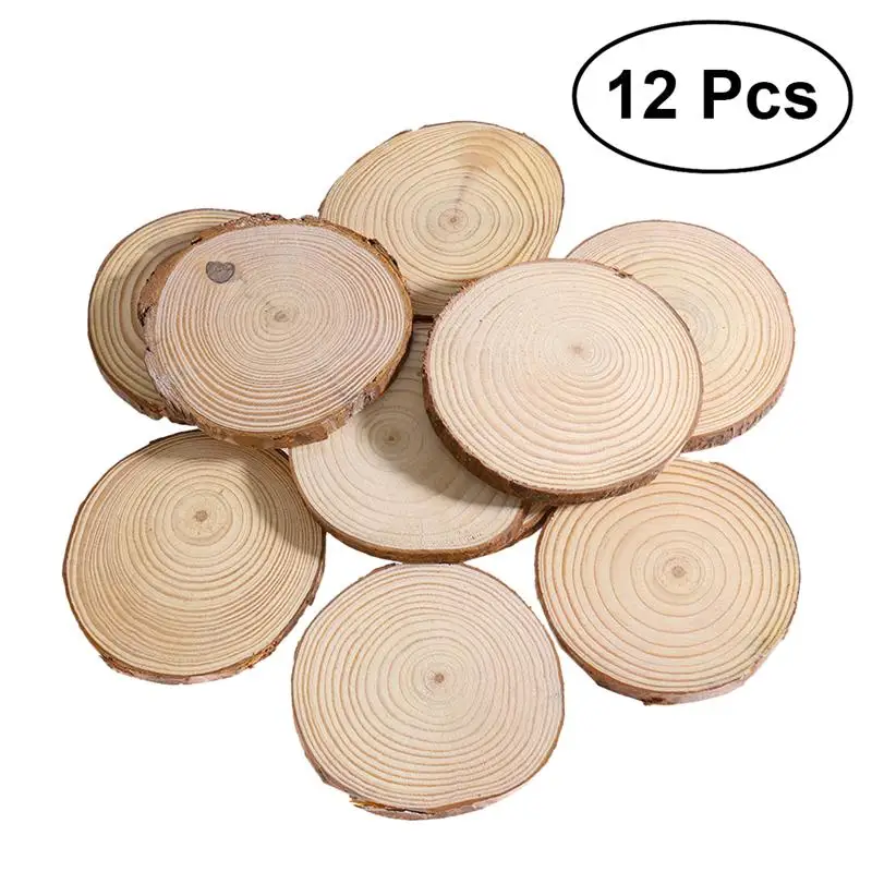 

12pcs Unfinished Natural Round Wood Slices Circles with Tree Bark Log Discs for DIY Crafts Size 1