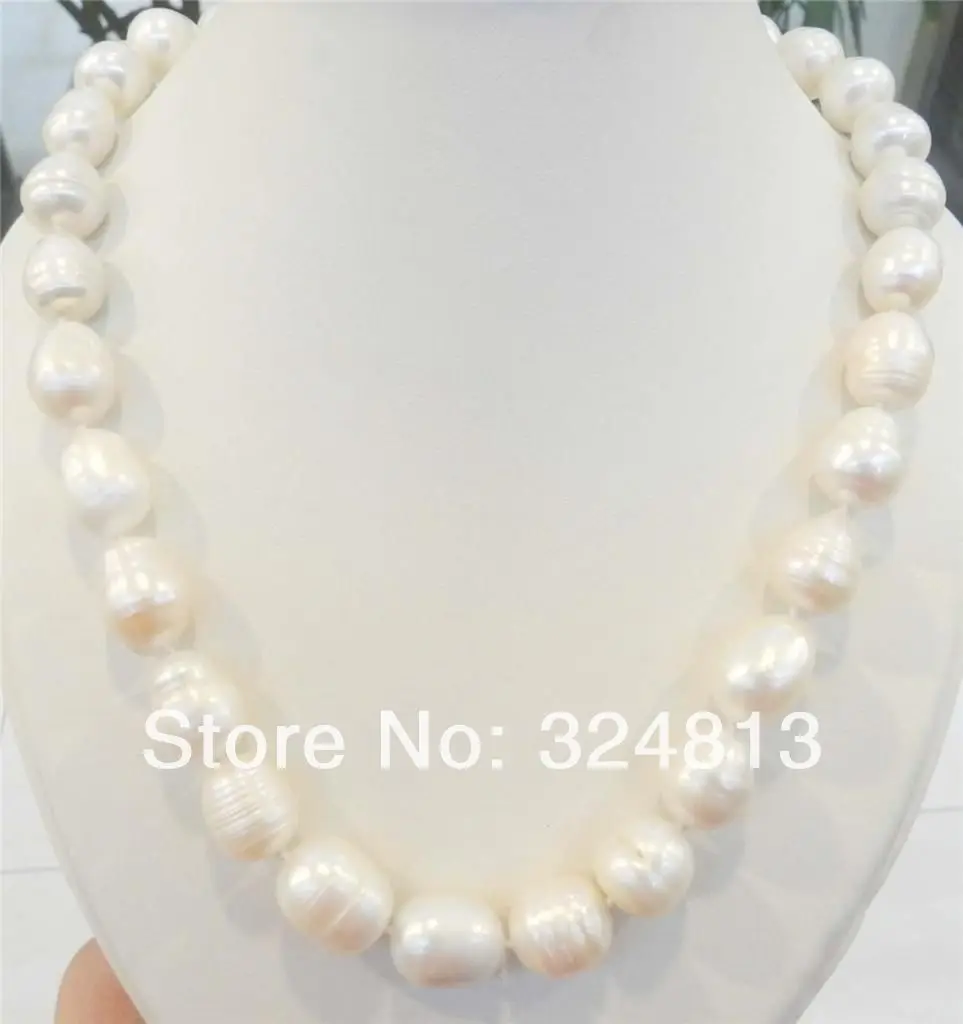 Большая Форма Риса 12-13 мм Белое Настоящее натуральное Жемчужное ожерелье 17"