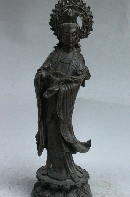 

12" Chinese Buddhism Bronze Stand Lotus Kwan-yin Guanyin Buddha Hold RuYi Statue