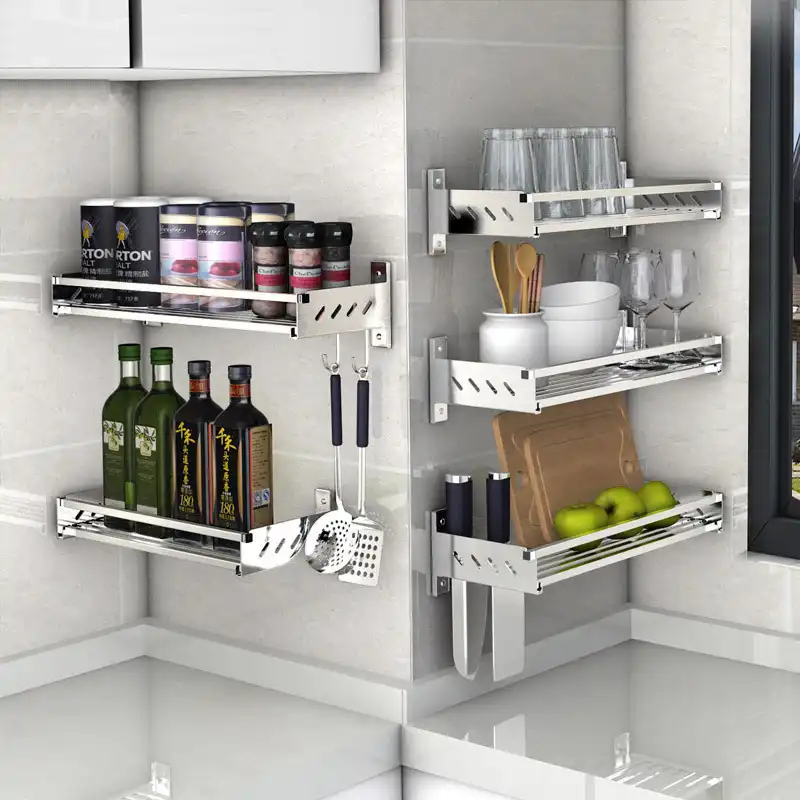 304 Stainless Steel Kitchen Storage Holders Racks Pantry Cookware Spice Shelf Rack With Hooks Wall Hanging Kitchen Organizer Storage Holders Racks Aliexpress