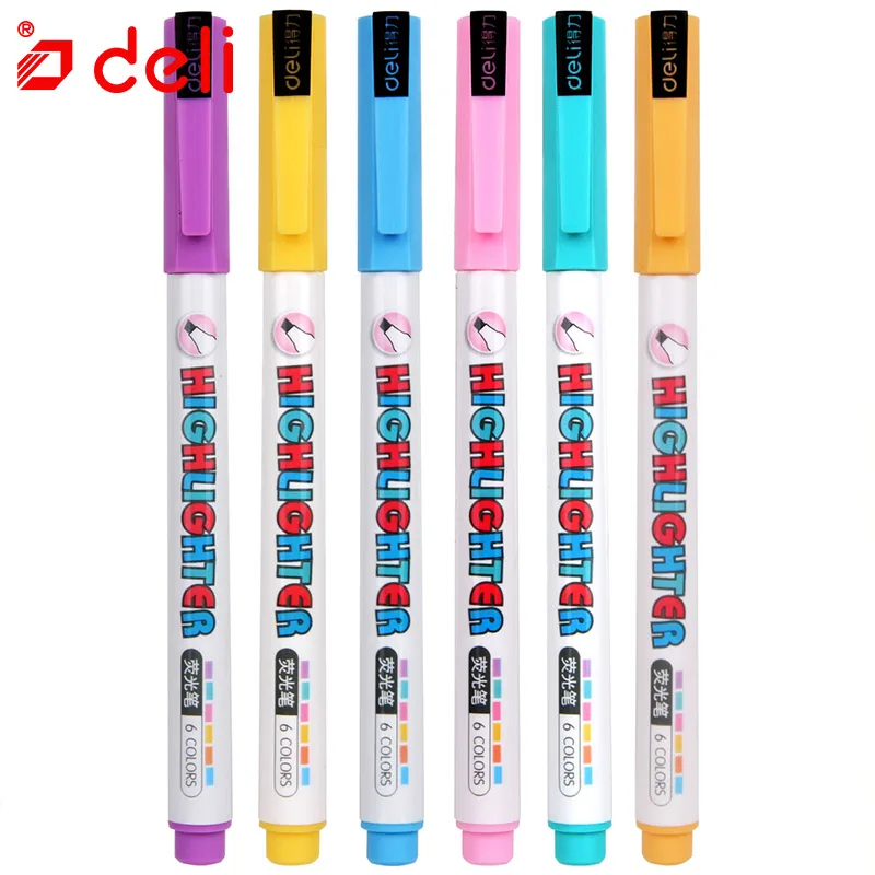 Deli 6Pcs Highlighter Pens Set Cute Kawaii Fluorescent Marker Pen