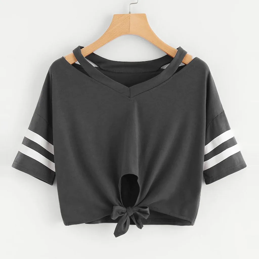 

JAYCOSIN 2019 New Summer Women T-shirt Harajuku Korean Style Fashion Bow Knot Short Strip Sleeve Round Neck Casual Tops 9May1242