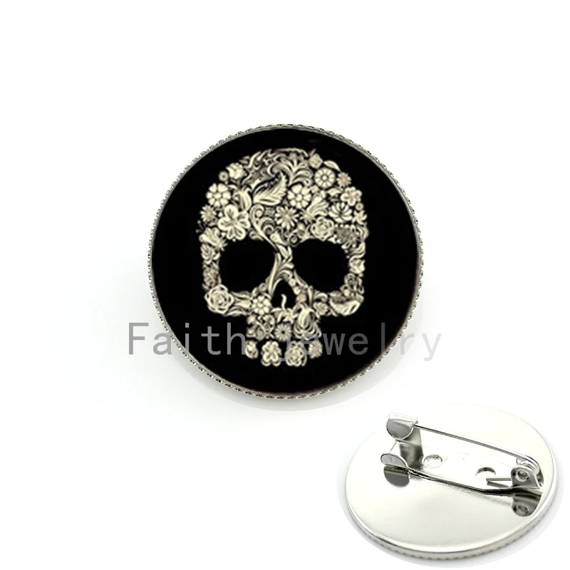 

Decoration art skull metal pin Silve Plated sugar skull brooches wholesale charms crystal skull creative badge KC522