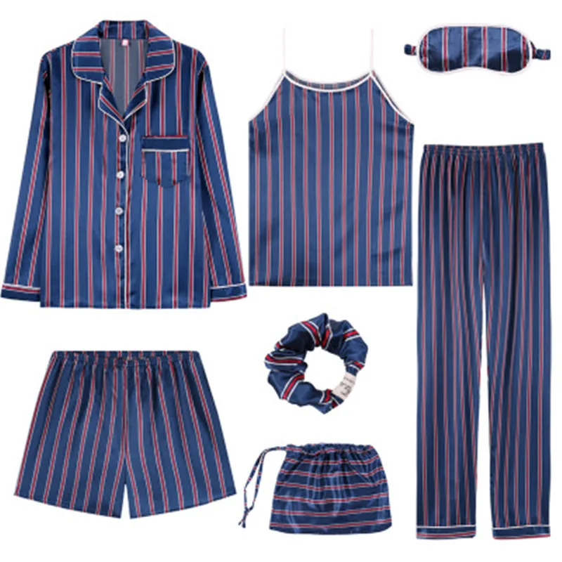 

Sexy Striped Pajamas Set Women Silk Rayon Summer Pyjamas Female Long Shirt Pants Stitch Lingerie Home Sleepwear