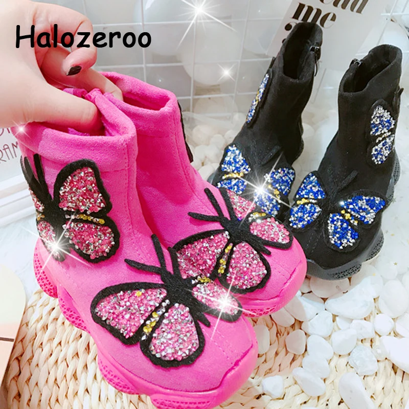 

2019 Winter New Children Warm Sport Sneakers Kids High Top Casual Shoes Baby Girls Sock Shoes Butterfly Rhinestone Brand Shoes