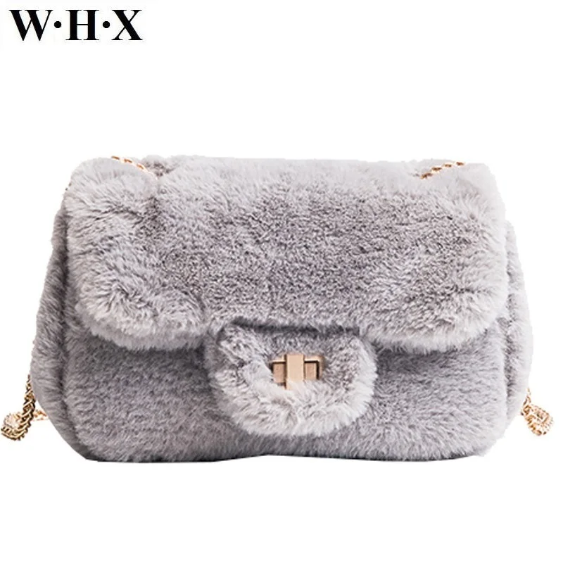 

WHX Autumn Winter Plush New Style Handbags For Women Cross body Messenger Bag Female Purse Girls Lady Totes Chain Shoulder Bags