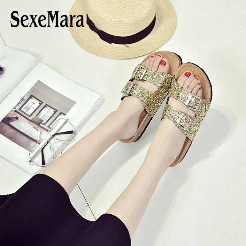 

SexeMara 2017 Summer Sequins Beach Cork Slippers Sandals Casual Double Buckle Clogs Women Non-slip Flip Flops Flats Shiny Shoes