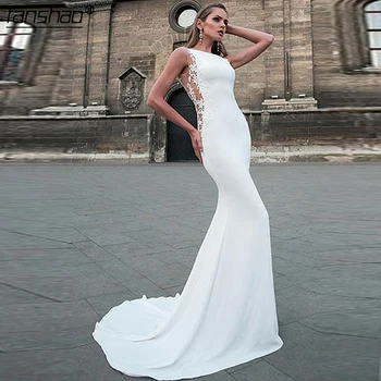 

Simple Muslim Wedding Dress Mermaid Satin Lace Illusion vestido de noiva Dubai Arabic Wedding Gown Bridal Dress