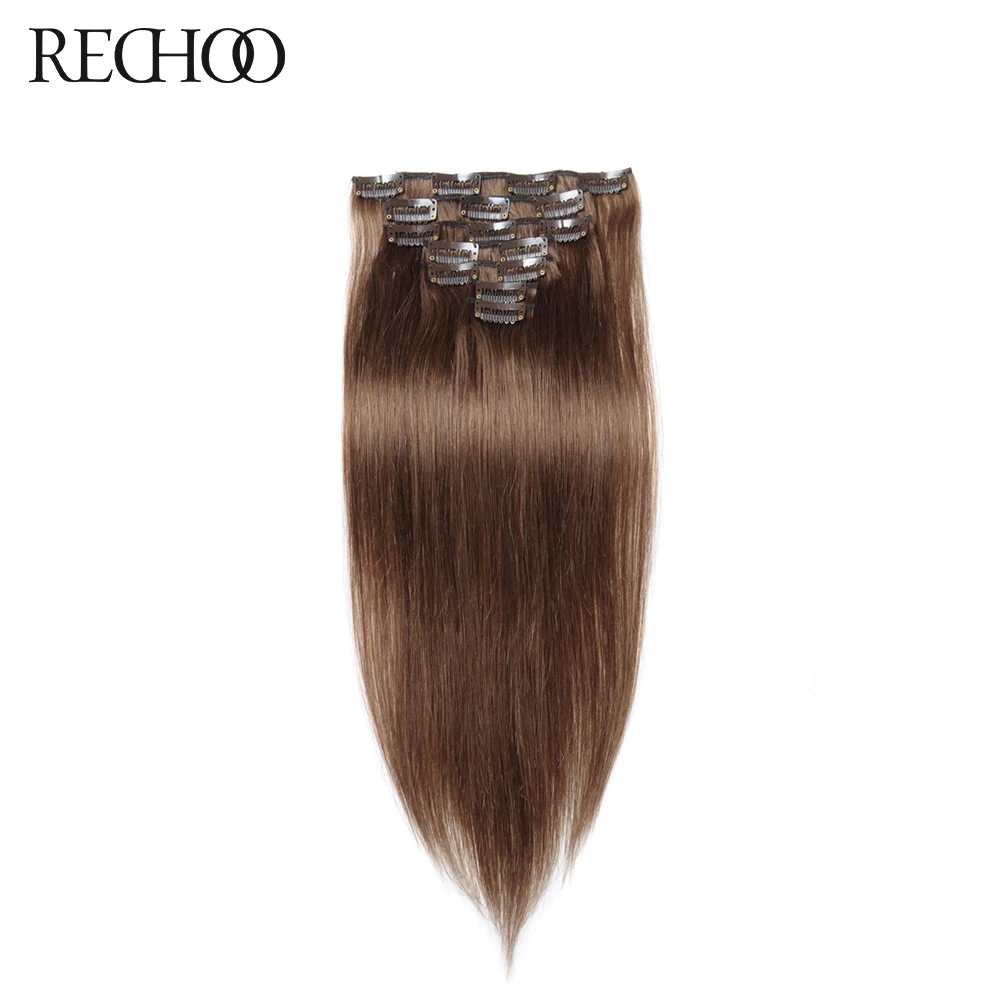 

Rechoo 100% Human Hair Clip In Extensions #8 Light Brown Straight Hair Clips 16-26 Inch 180 Gram Non-Remy Hair Full Head Set