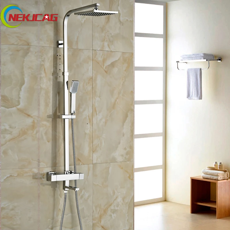

Wall Mounted 8" Rainfall Thermostatic Shower Faucet Square Dual Handle with Tub Spout Plastic Hand Shower Mixer Taps