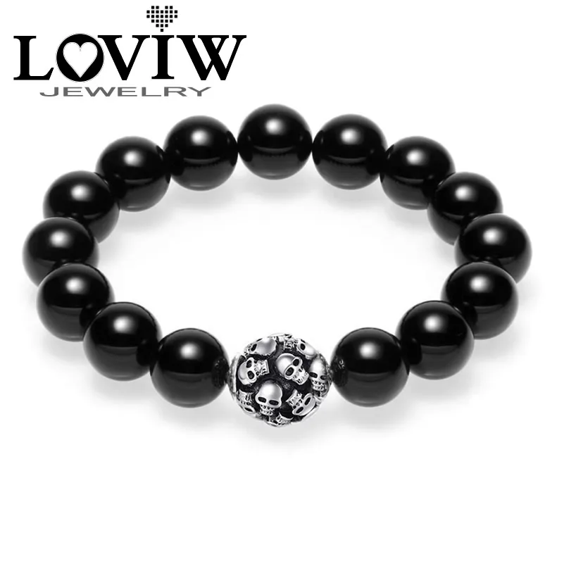 

Skulls Skeleton bead Bracelet 2018 new for Men gift Nature Stone black obsidian Beads Bracelet punk thomas style party jewelry