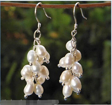 

Hot selling> Free shipping +Genuine White Cultured Freshwater Pearl Dangle Earrings Silver Cluster new -Bride jewelry free shipp